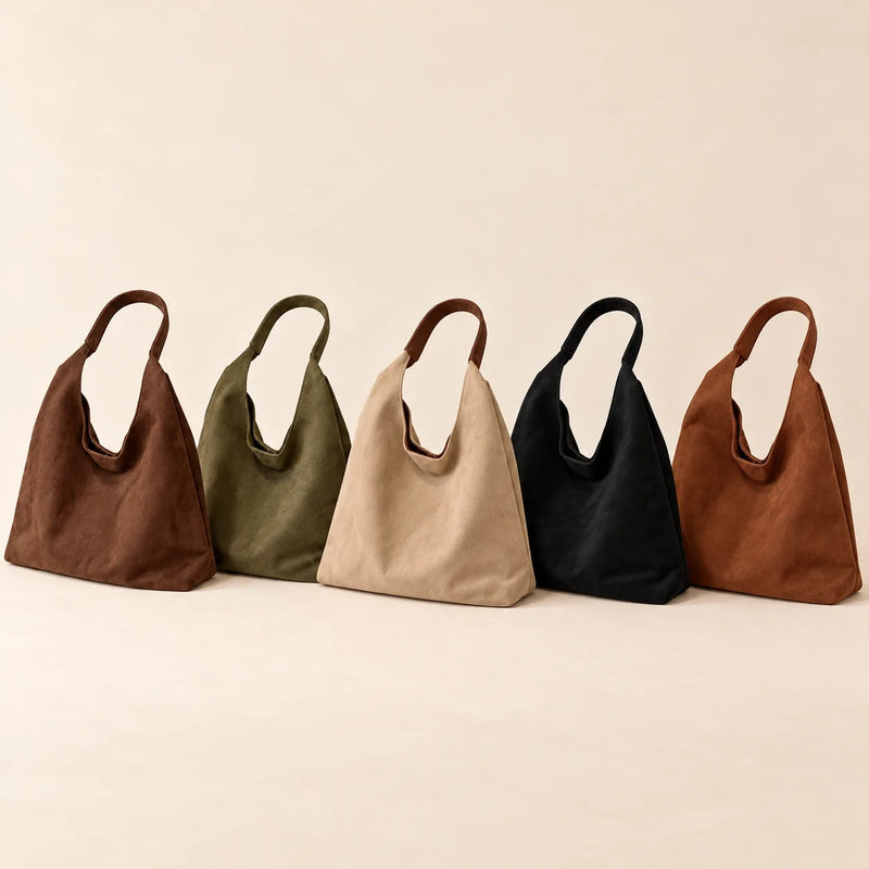 Faux suede shoulder bags in Coffee, Olive Green, Beige, Black and Brown from left to right
