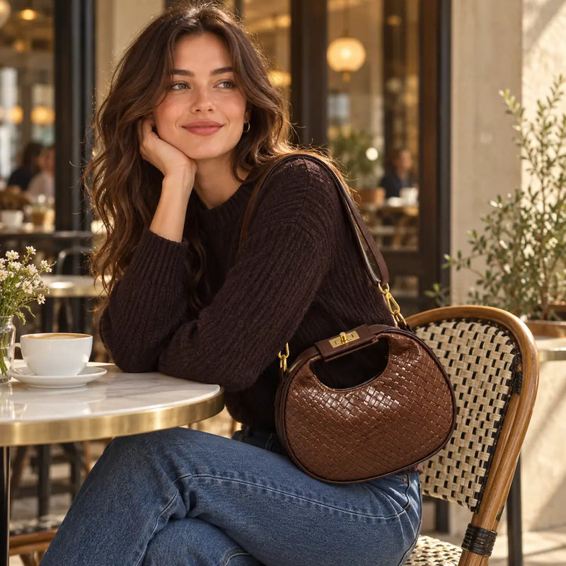 Woven-Texture Half-Moon Top-Handle Bag