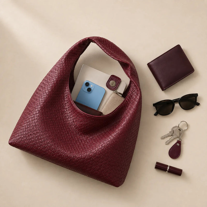 Featherlight Woven Hobo bag shown with phone, wallet and keys fitting inside