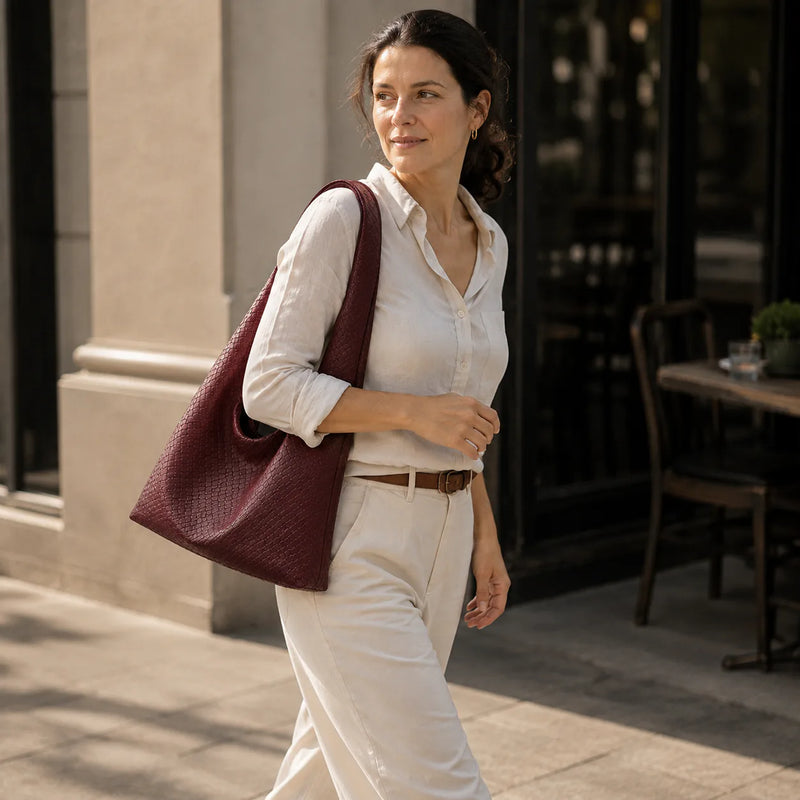 Featherlight Woven Hobo bag shown on a person for scale reference