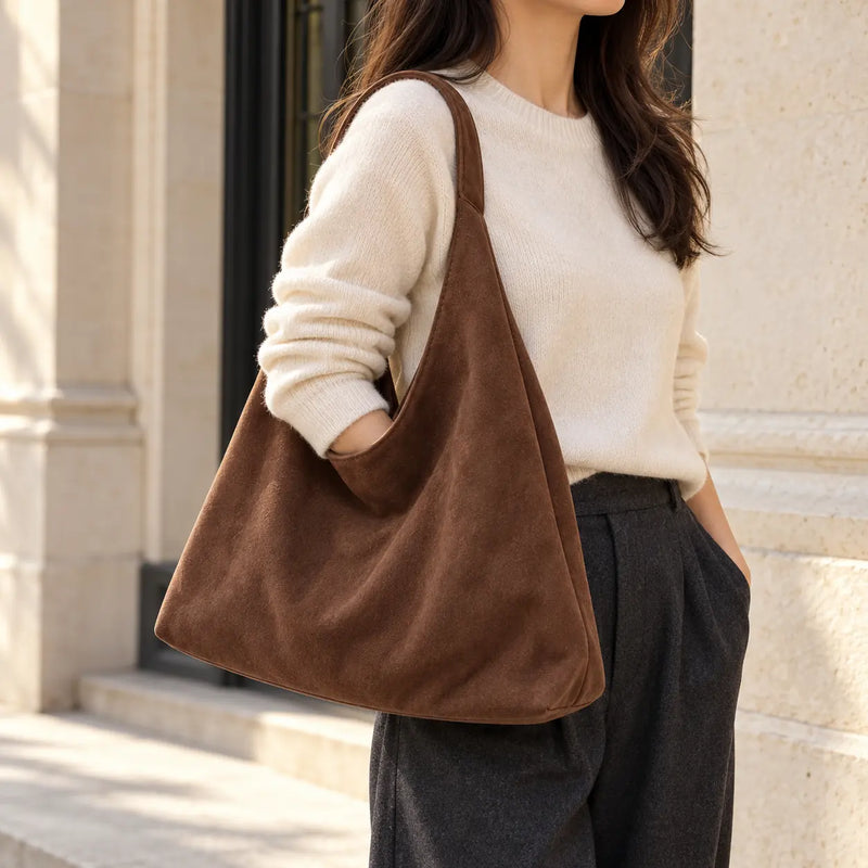 Coffee faux suede shoulder bag worn on the shoulder with a cream knit